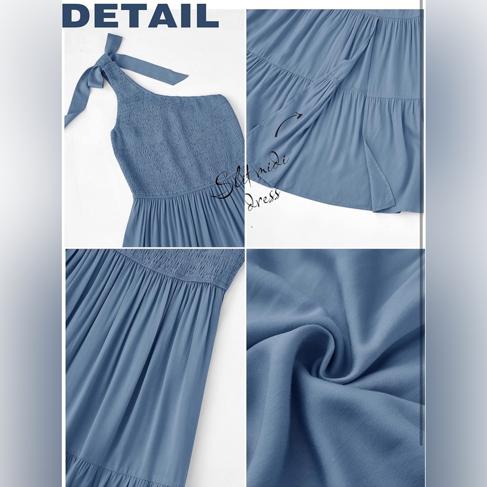 MEROKEETY One Shoulder Sleeveless Knot Smocked Split Tiered Flowy Midi Dress - Picture 5 of 14